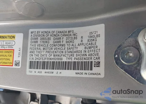 2022 Honda Civic Sport z USA, uszkodzony, nr VIN 2HGFE2F55NH505899